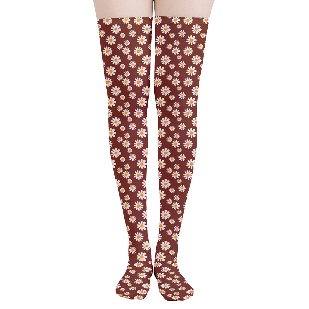 Vampire Art Y2K Thigh Highs Stockings Tights - Retro Brown Daisies