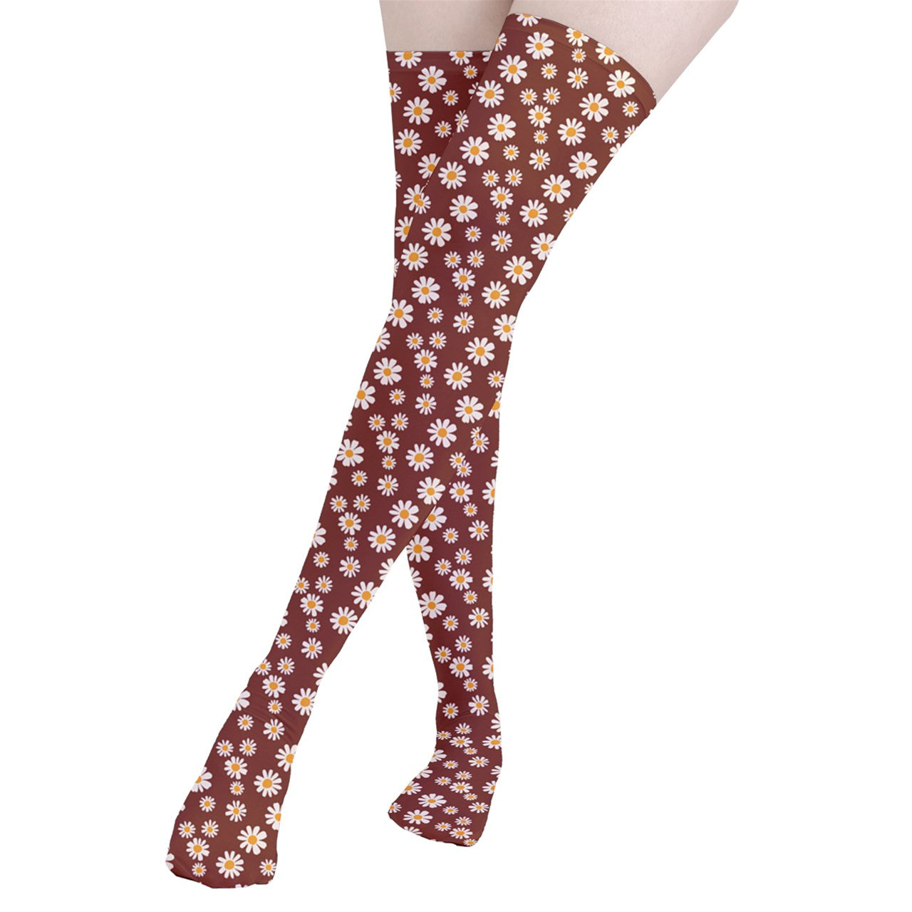 Vampire Art Y2K Thigh Highs Stockings Tights - Retro Brown Daisies