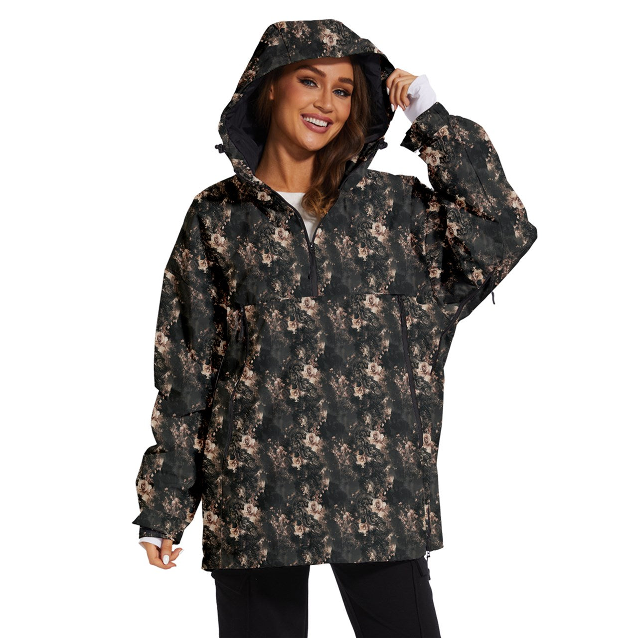 Vampire Art Urban Gothic Women's Ski and Snowboard Waterproof Breathable Jacket - Grunge Black Lace and Pink Roses