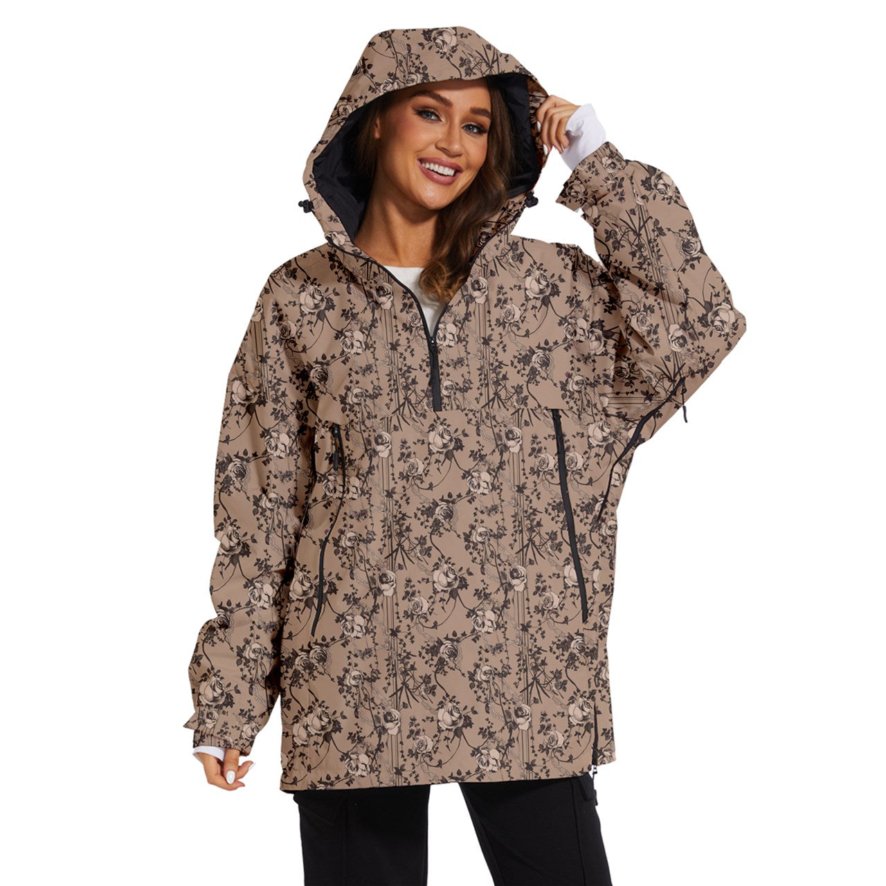 Vampire Art Urban Gothic Women's Ski and Snowboard Waterproof Breathable Jacket - Vintage Roses in Beige