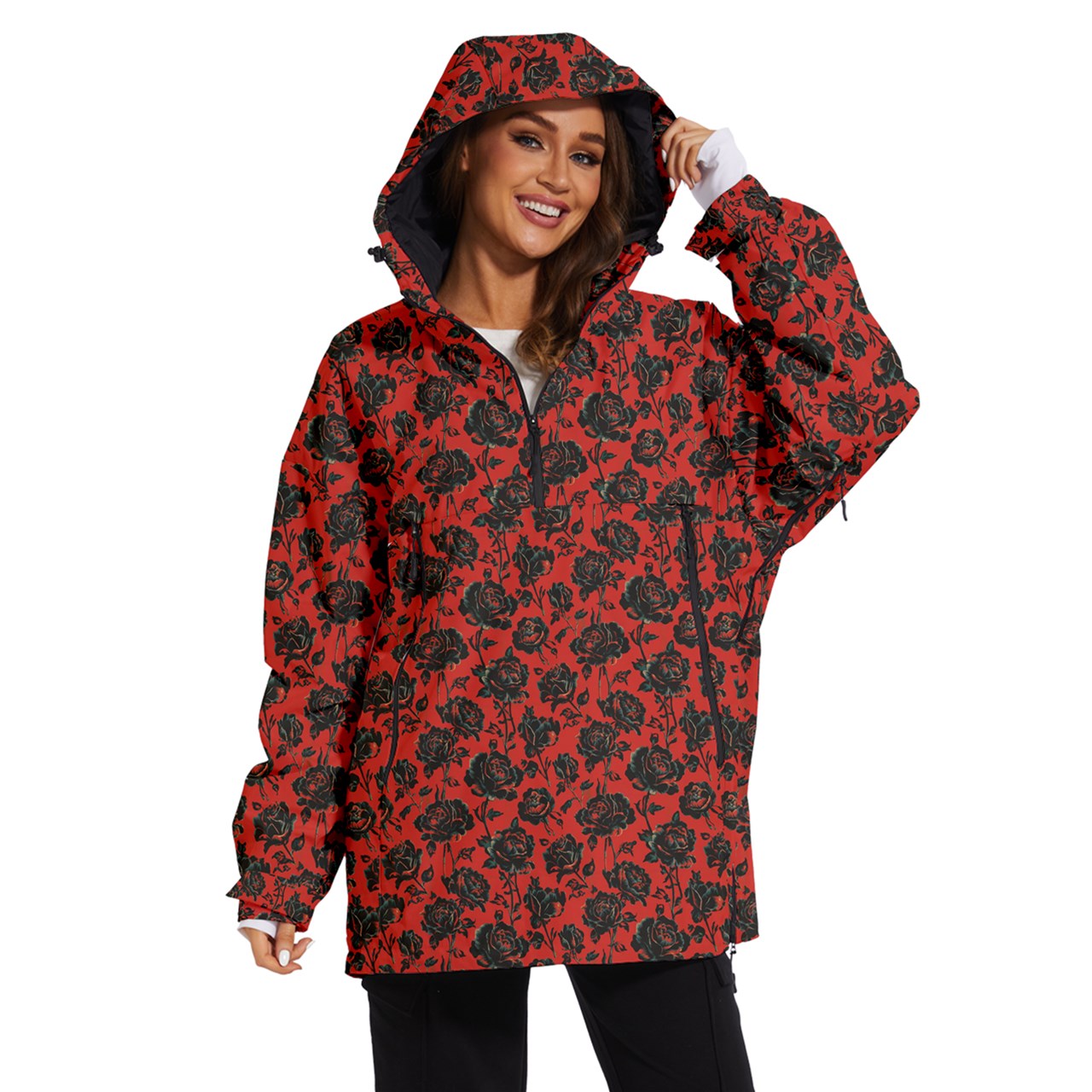 Vampire Art Urban Gothic Women's Ski and Snowboard Waterproof Breathable Jacket - Red with Black Roses