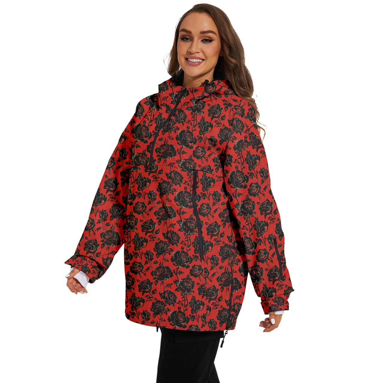 Vampire Art Urban Gothic Women's Ski and Snowboard Waterproof Breathable Jacket - Red with Black Roses