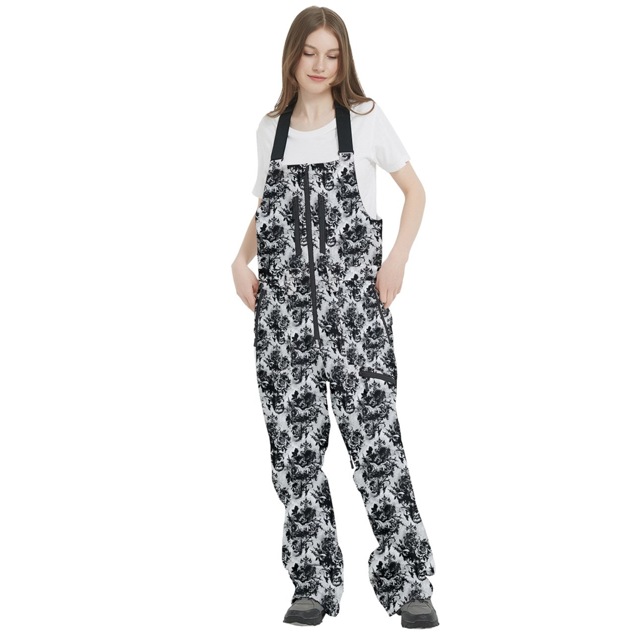 Vampire Art Urban Gothic Women's Front Zip Ski And Snowboard Bib Salopettes Pants - Grunge Black and White Brocade