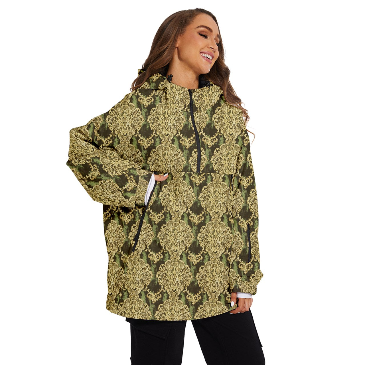 Vampire Art Urban Gothic Women's Ski and Snowboard Waterproof Breathable Jacket - Grunge Damask in Green, Charcoal and Beige