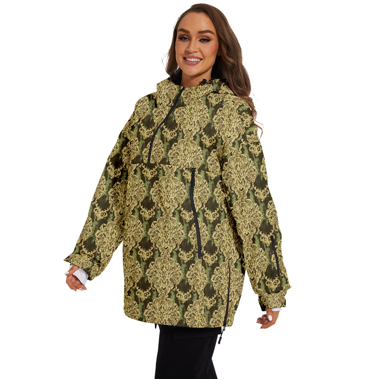 Vampire Art Urban Gothic Women's Ski and Snowboard Waterproof Breathable Jacket - Grunge Damask in Green, Charcoal and Beige