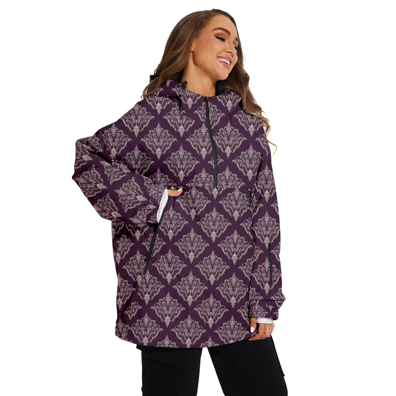 Vampire Art Urban Gothic Women's Ski and Snowboard Waterproof Breathable Jacket - Purple and Cream Damask