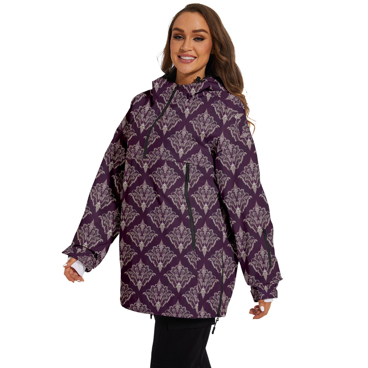 Vampire Art Urban Gothic Women's Ski and Snowboard Waterproof Breathable Jacket - Purple and Cream Damask