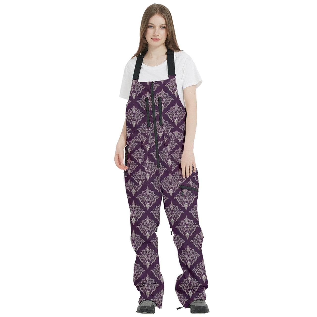 Vampire Art Urban Gothic Women's Front Zip Ski And Snowboard Bib Salopettes Pants - Purple and Cream Damask