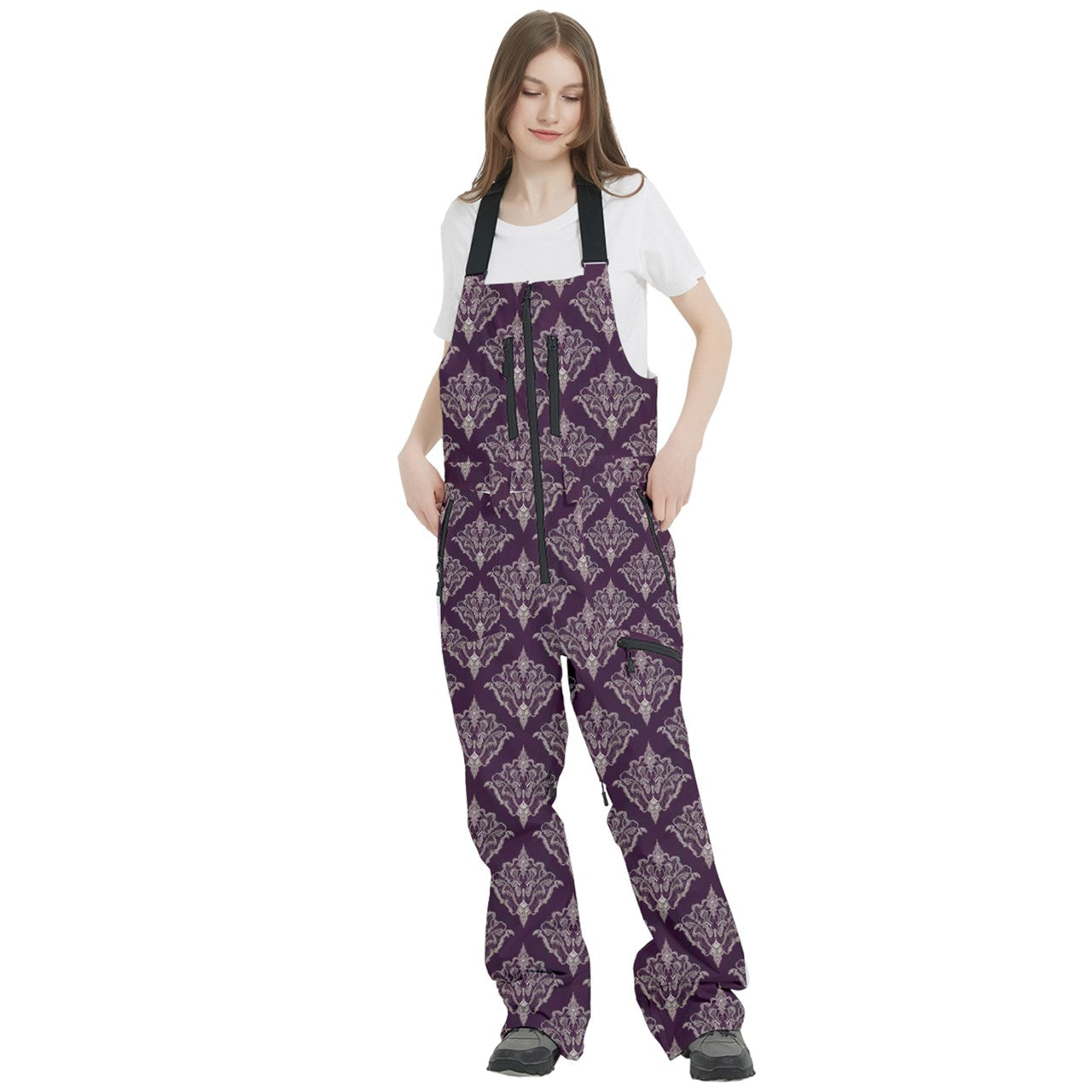 Vampire Art Urban Gothic Women's Front Zip Ski And Snowboard Bib Salopettes Pants - Purple and Cream Damask