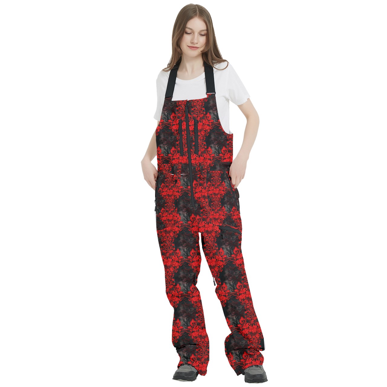 Vampire Art Urban Gothic Women's Front Zip Ski And Snowboard Bib Salopettes Pants - Grunge Red and Charcoal Damask