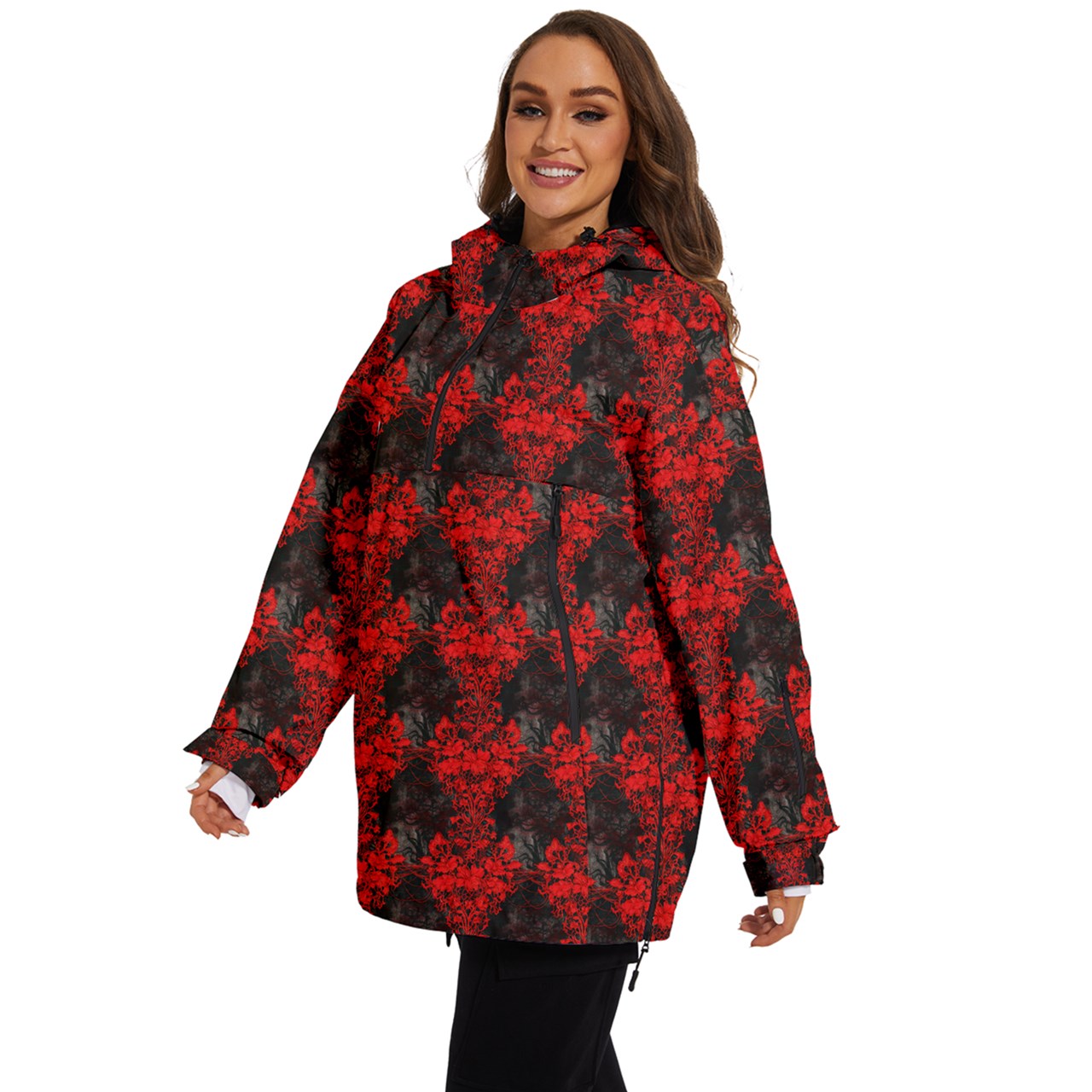 Vampire Art Urban Gothic Women's Ski and Snowboard Waterproof Breathable Jacket - Grunge Red and Charcoal Damask