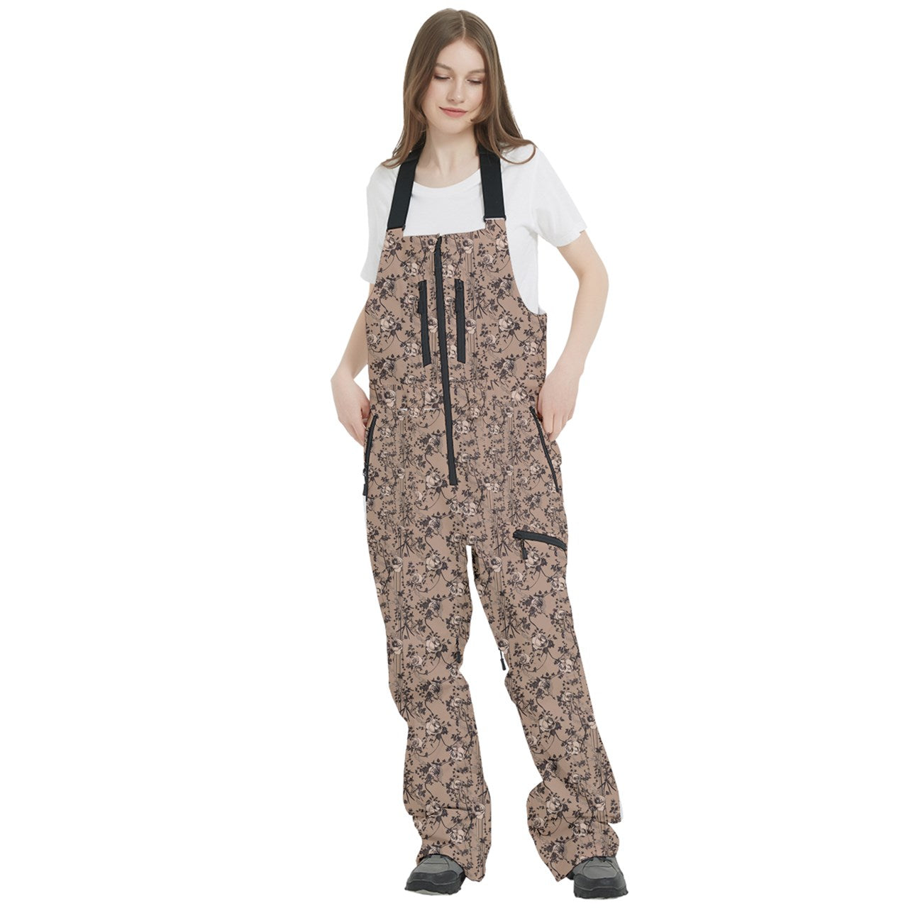 Vampire Art Urban Gothic Women's Front Zip Ski And Snowboard Bib Salopettes Pants - Vintage Roses in Beige