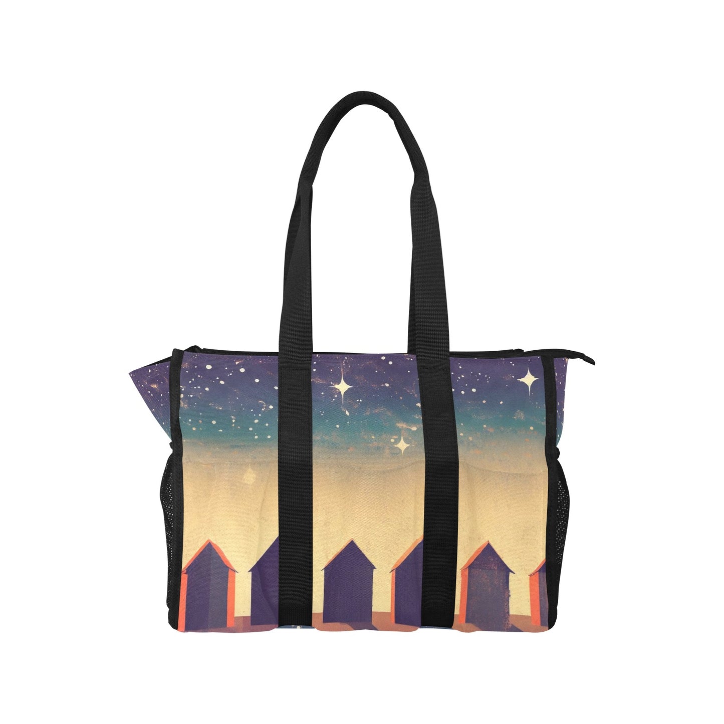 Vampire Art Retro Large Multi-pocket Beach Bag - Vintage Beach Huts at Night