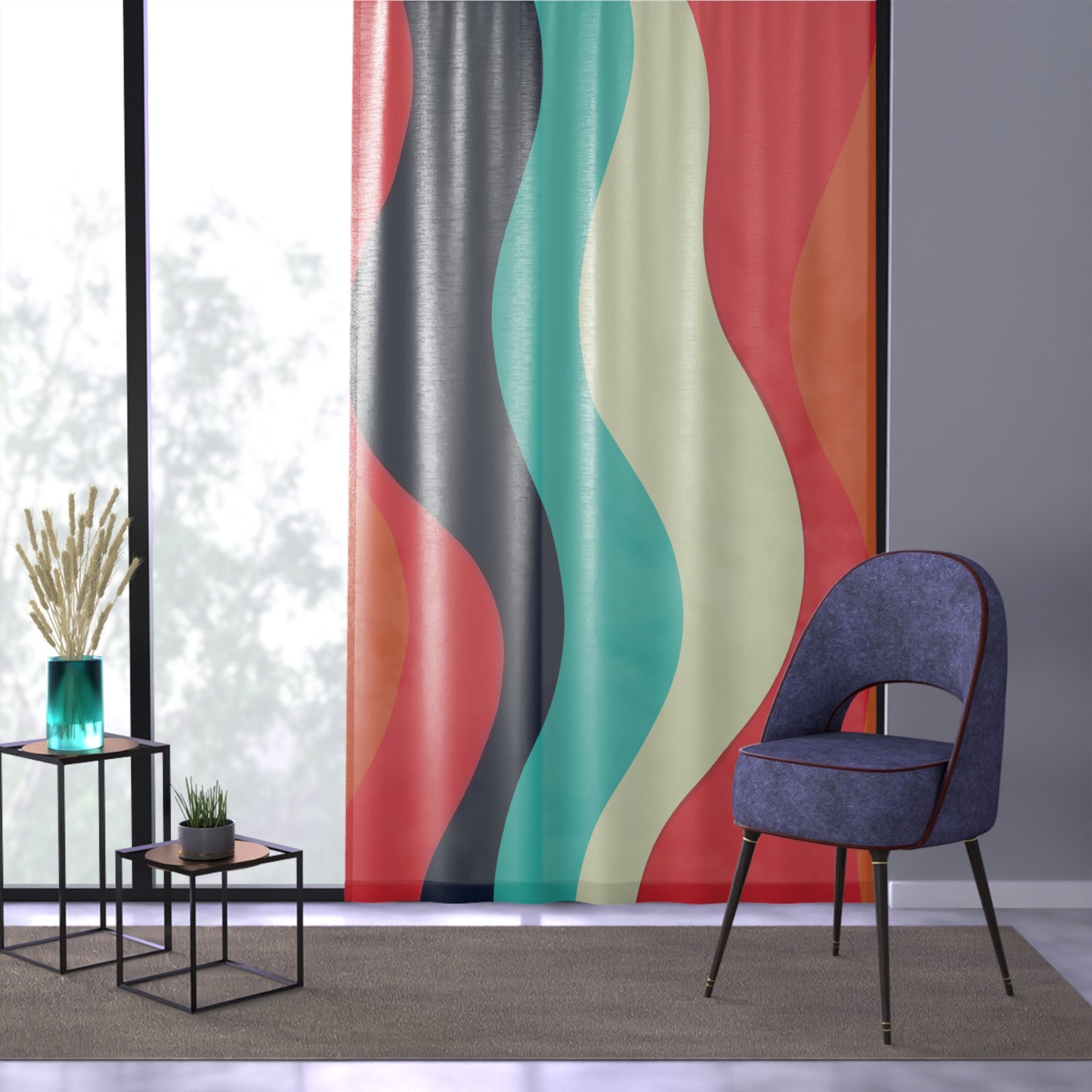 Vampire Art Retro Sixties Multi-coloured Vertical Waves Sheer Window Curtain