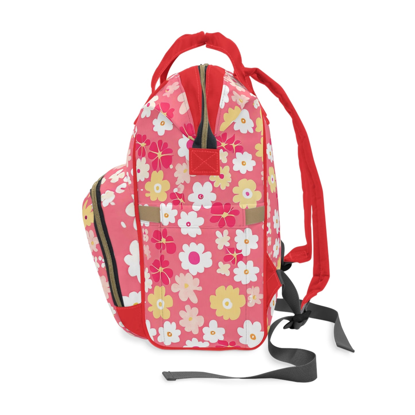 Vampire Art Multifunctional Baby Diaper Backpack Changing Bag - Seventies Flowers Red and Pink