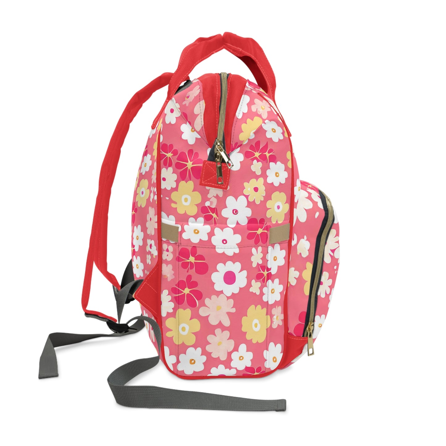 Vampire Art Multifunctional Baby Diaper Backpack Changing Bag - Seventies Flowers Red and Pink