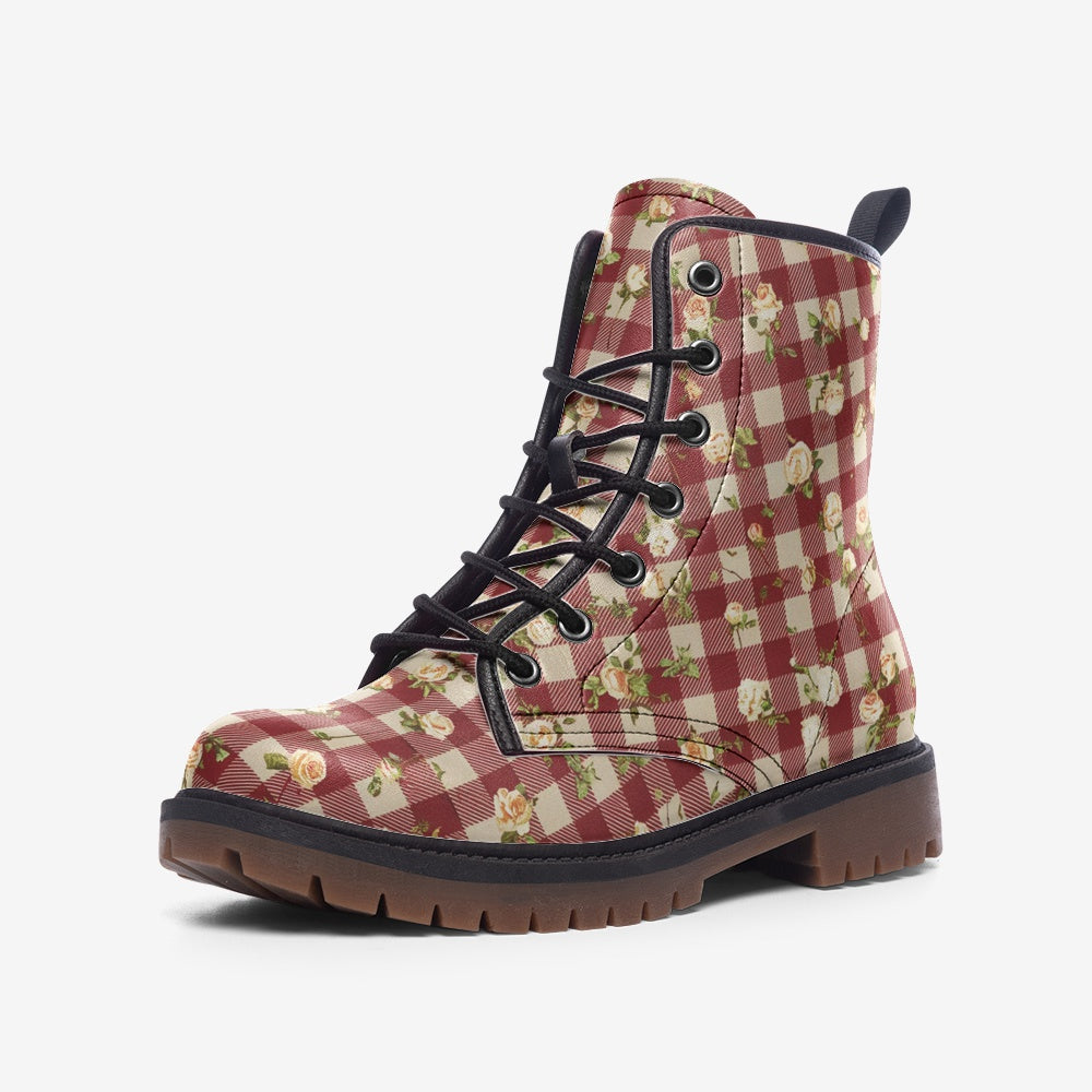 Vampire Art Cottagecore Floral Gingham Unisex Vegan Leather Combat Boots - Vintage Red - US Sizes