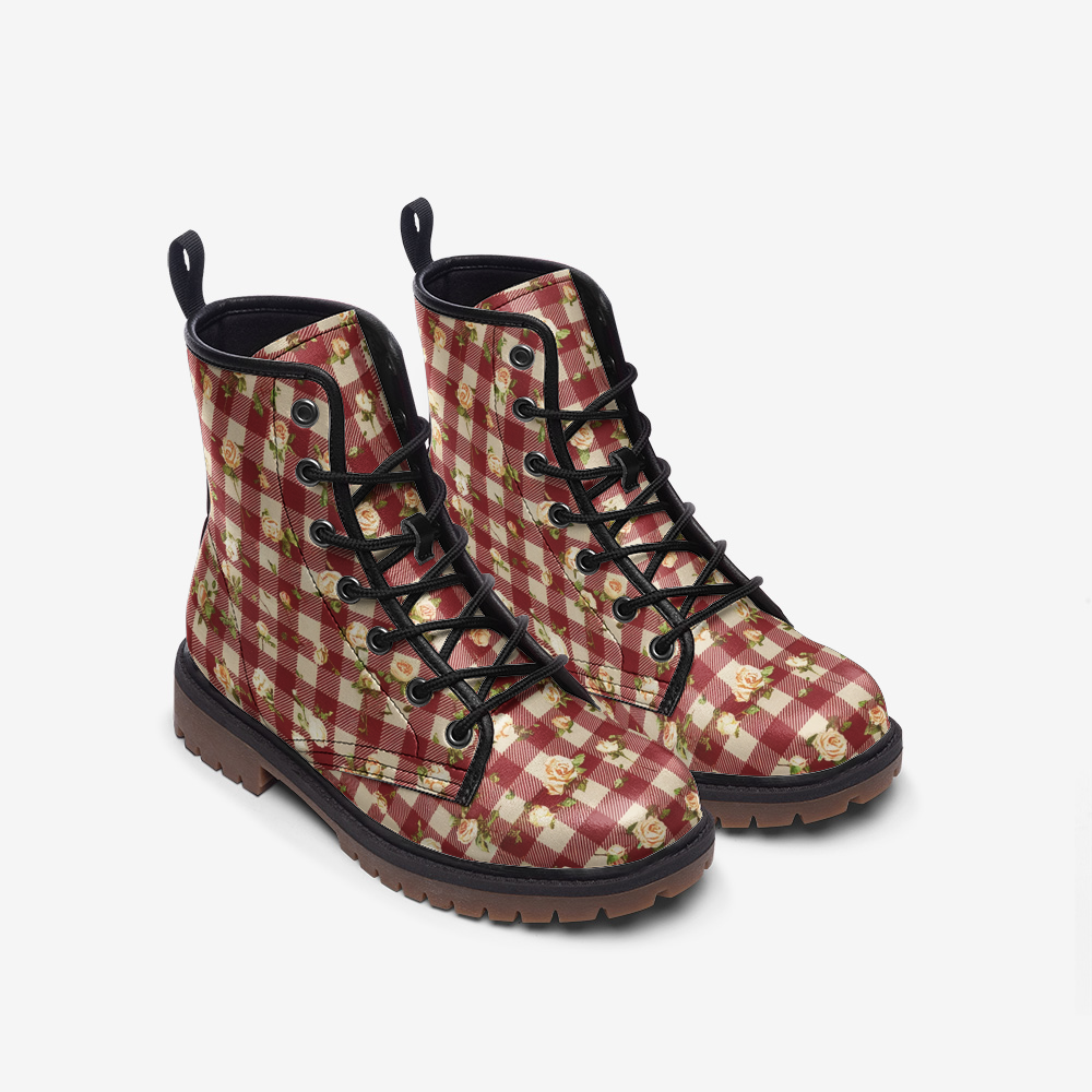 Vampire Art Cottagecore Floral Gingham Unisex Vegan Leather Combat Boots - Vintage Red - US Sizes