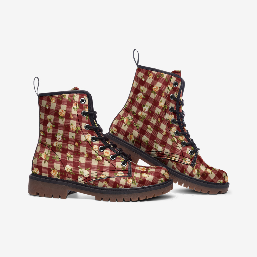 Vampire Art Cottagecore Floral Gingham Unisex Vegan Leather Combat Boots - Vintage Red - US Sizes