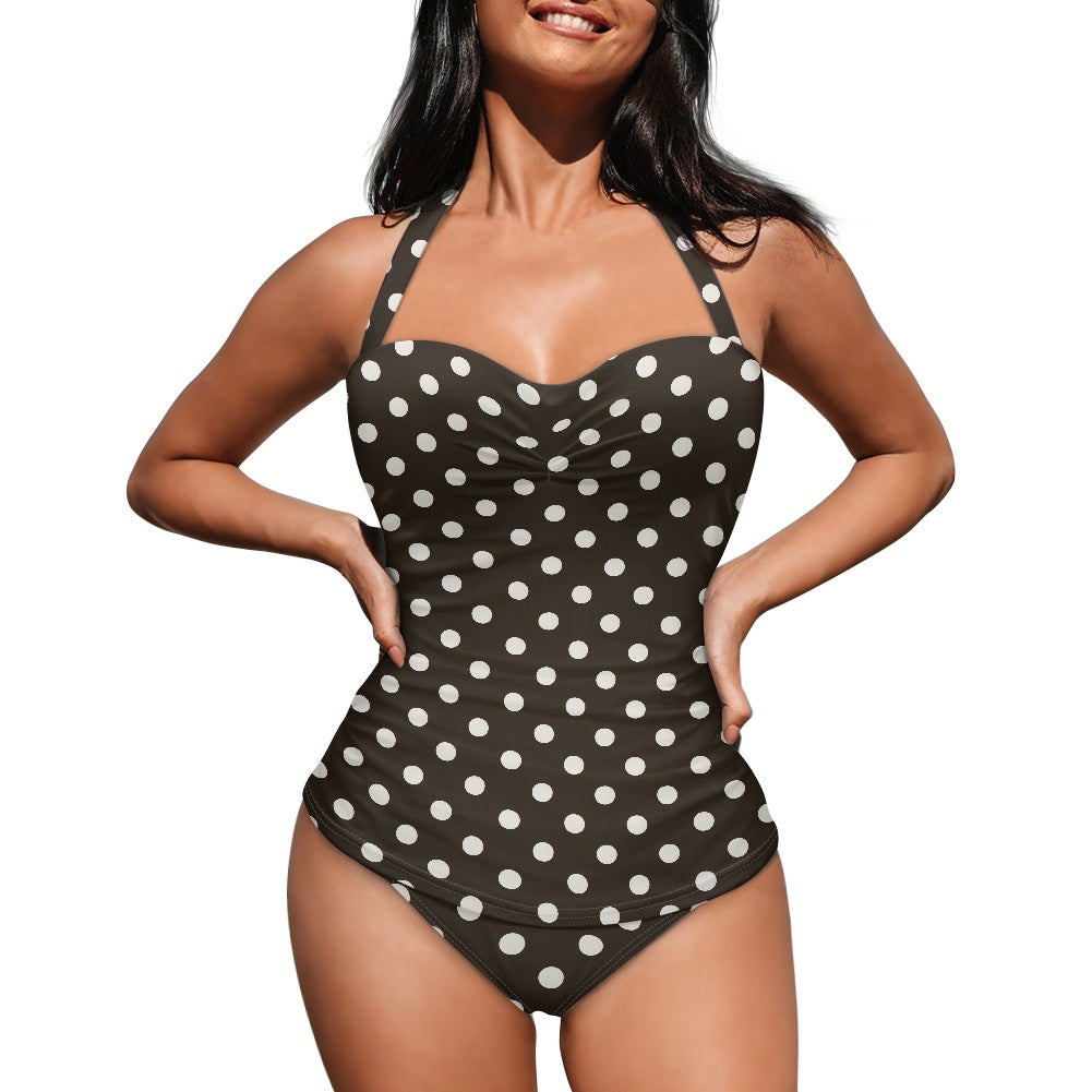 Vampire Art Vintage Chic Halter Neck One-Piece Swimsuit - Black and White Retro Polka Dot