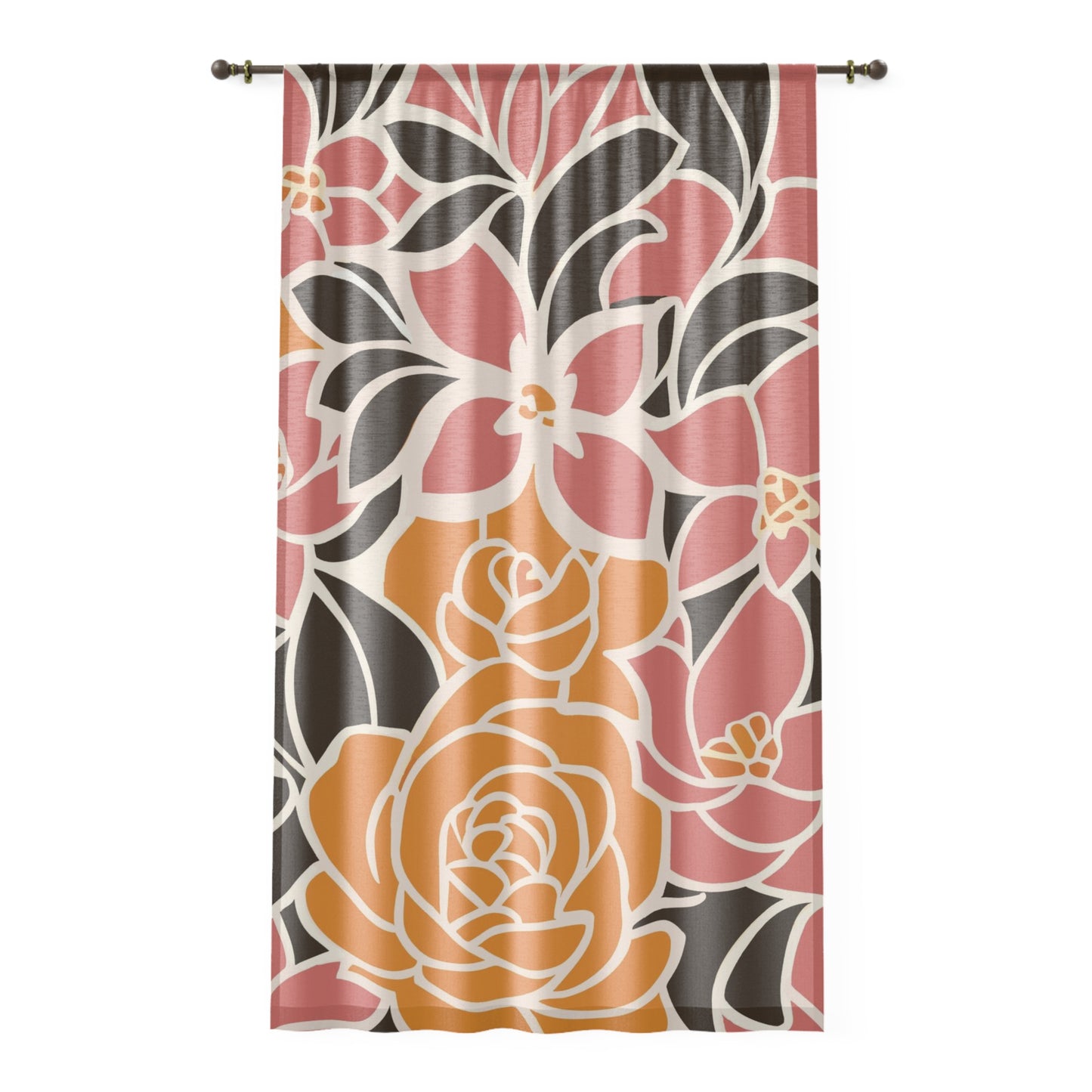 Vampire Art Retro Abstract Floral Composition in Brown, Mustard and Coral Pink Shabby Chic Sheer Window Curtain