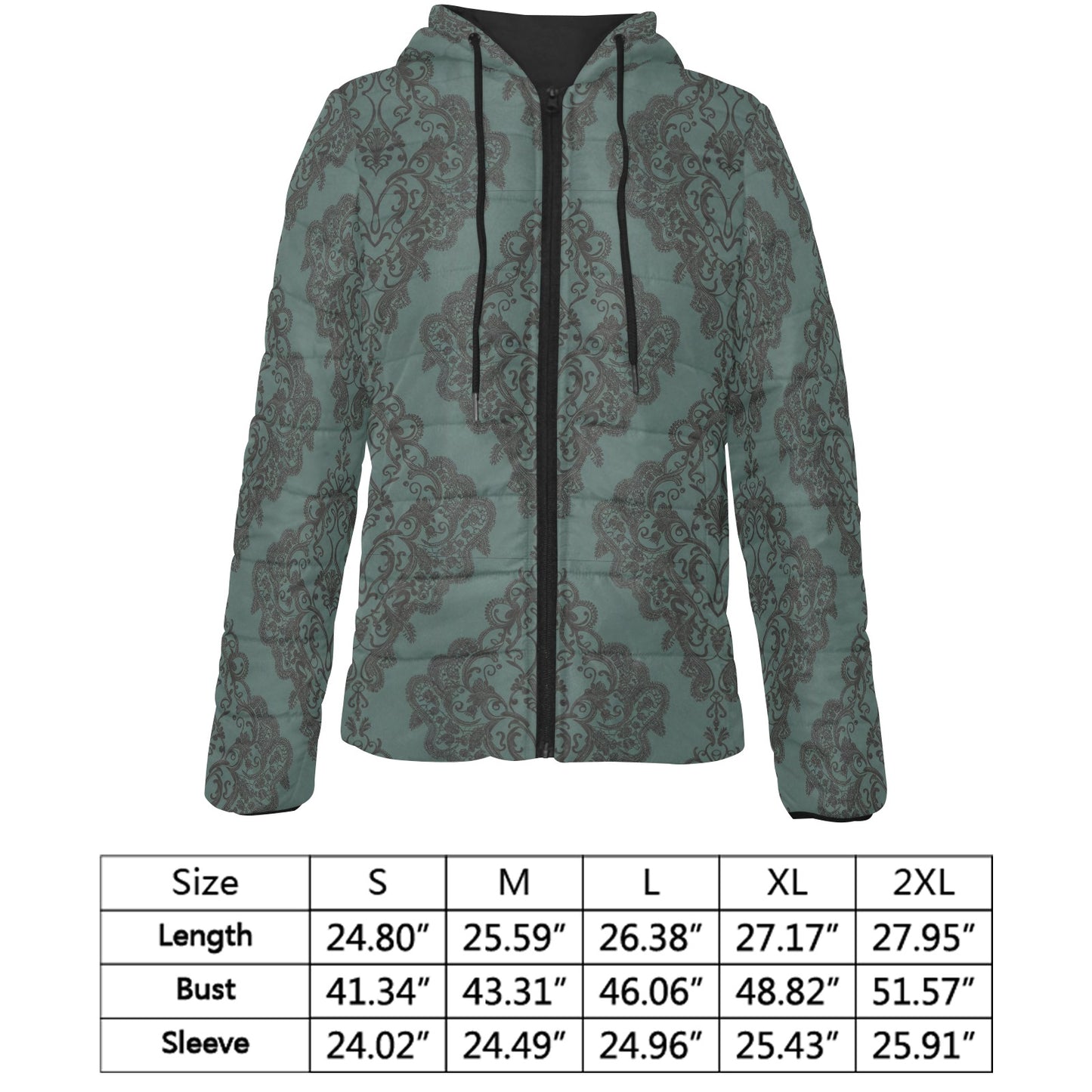 Vampire Art Urban Gothic Women's Padded Hooded Jacket - Green Lace