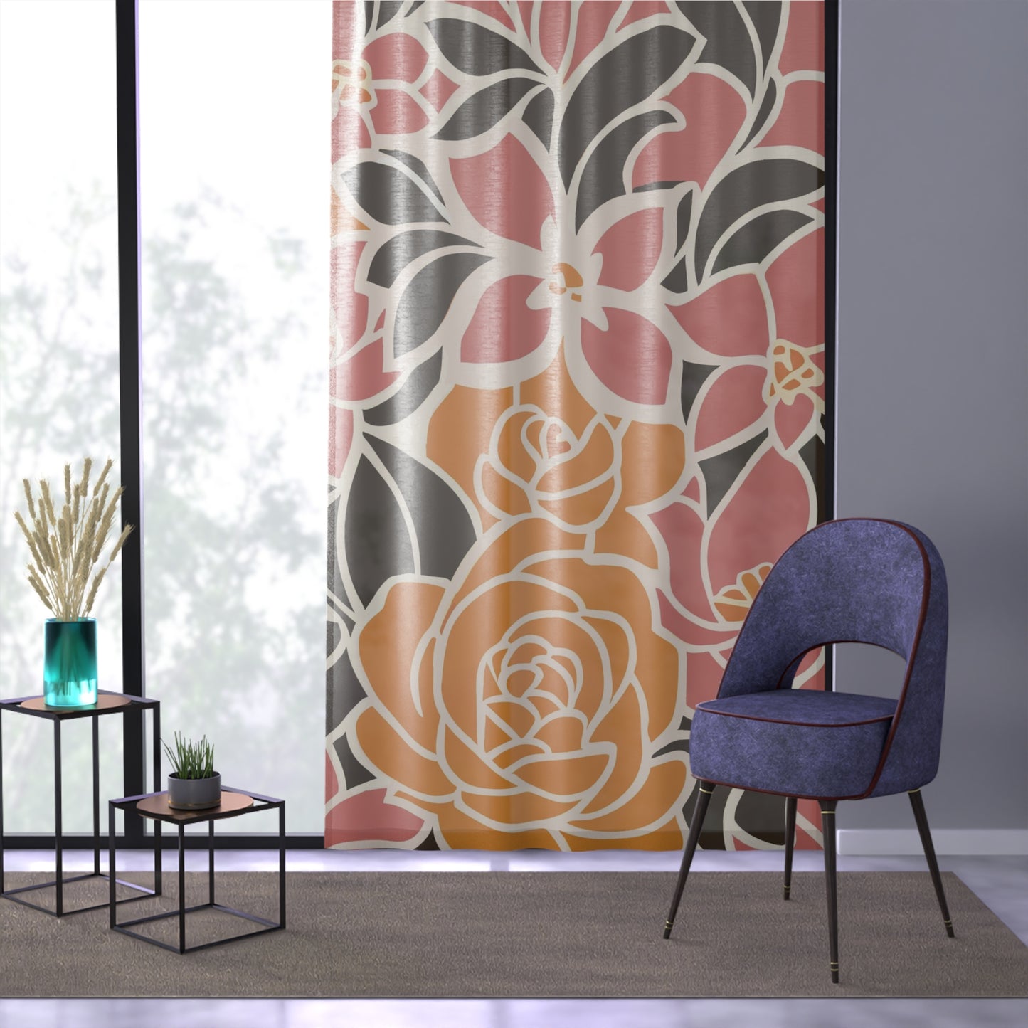 Vampire Art Retro Abstract Floral Composition in Brown, Mustard and Coral Pink Shabby Chic Sheer Window Curtain