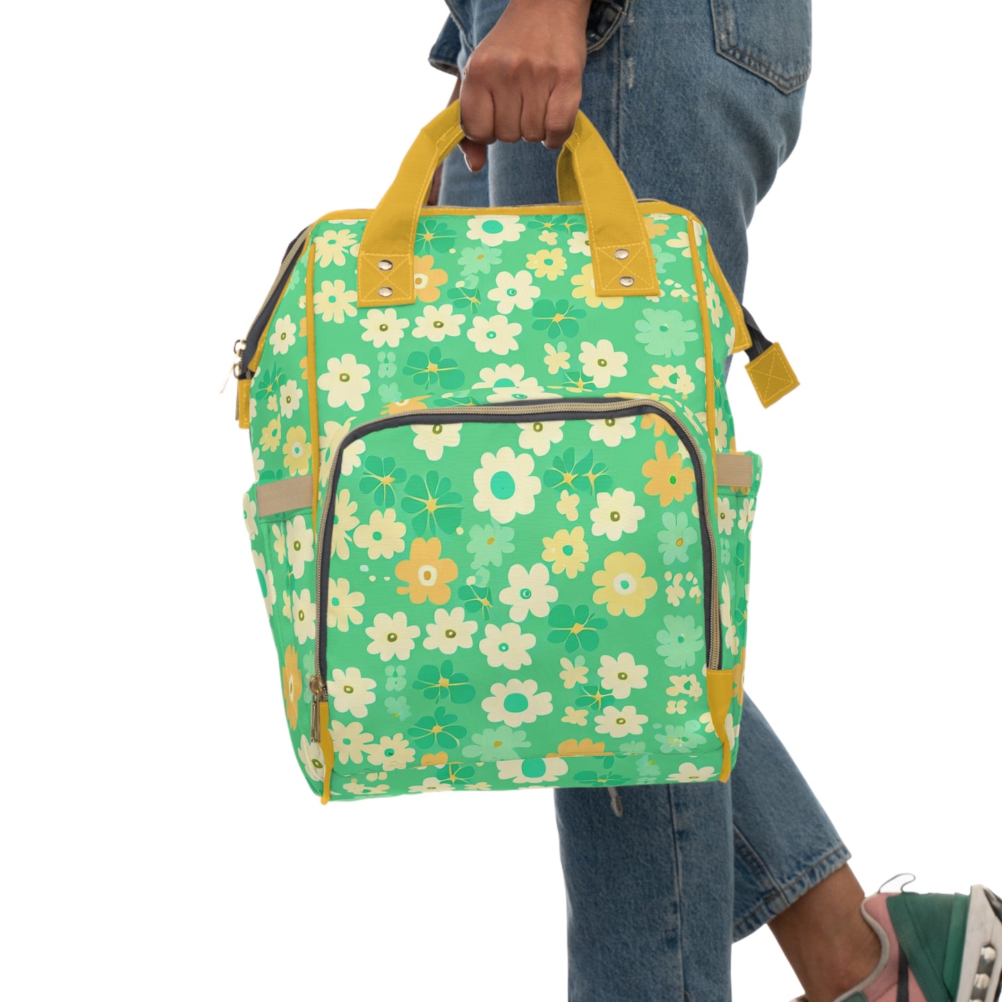 Vampire Art Multifunctional Baby Diaper Backpack Changing Bag - Seventies Flowers Green