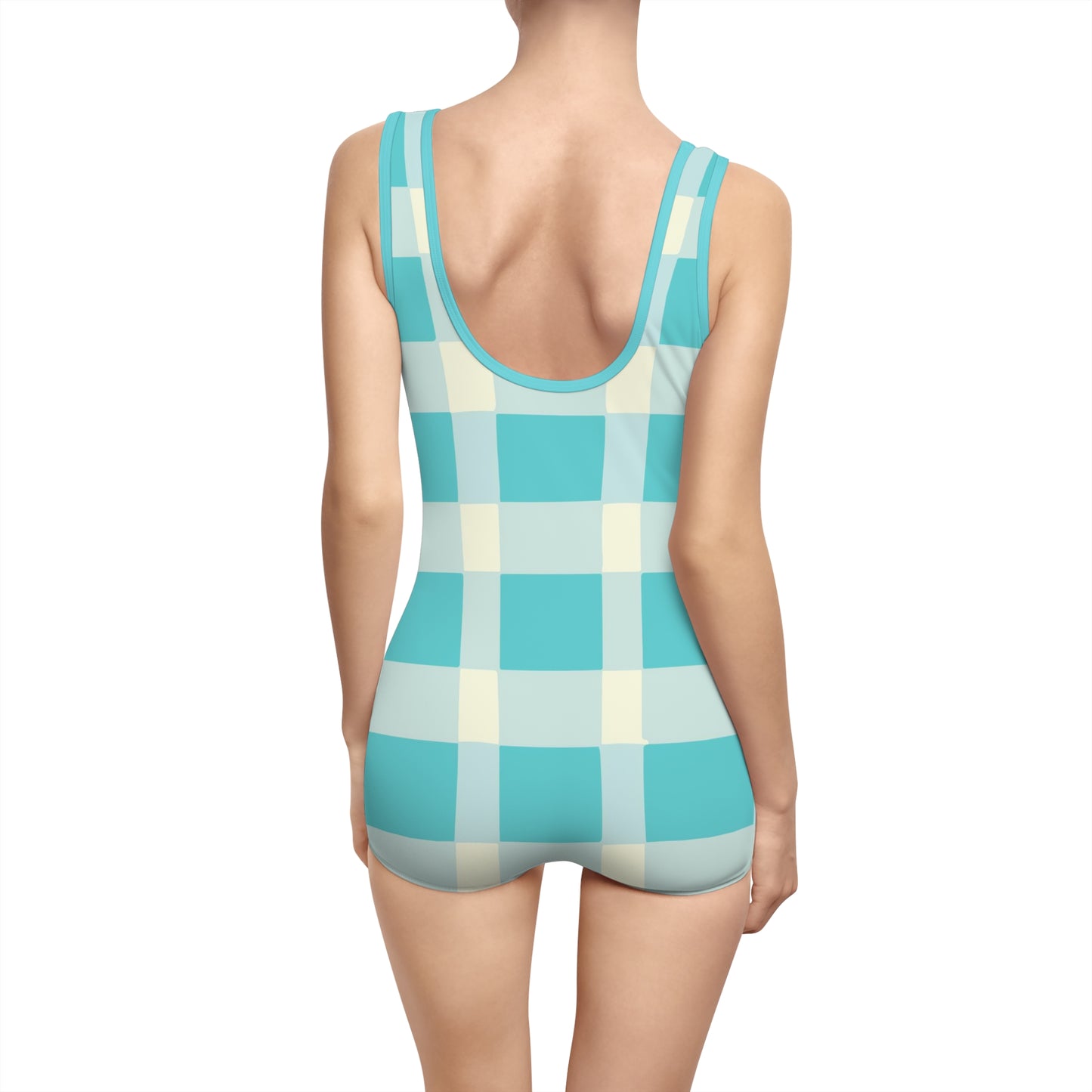 Vampire Art Grunge Giant Gingham Retro Pattern in Blue, Turquoise and Cream Women's Vintage Swimsuit