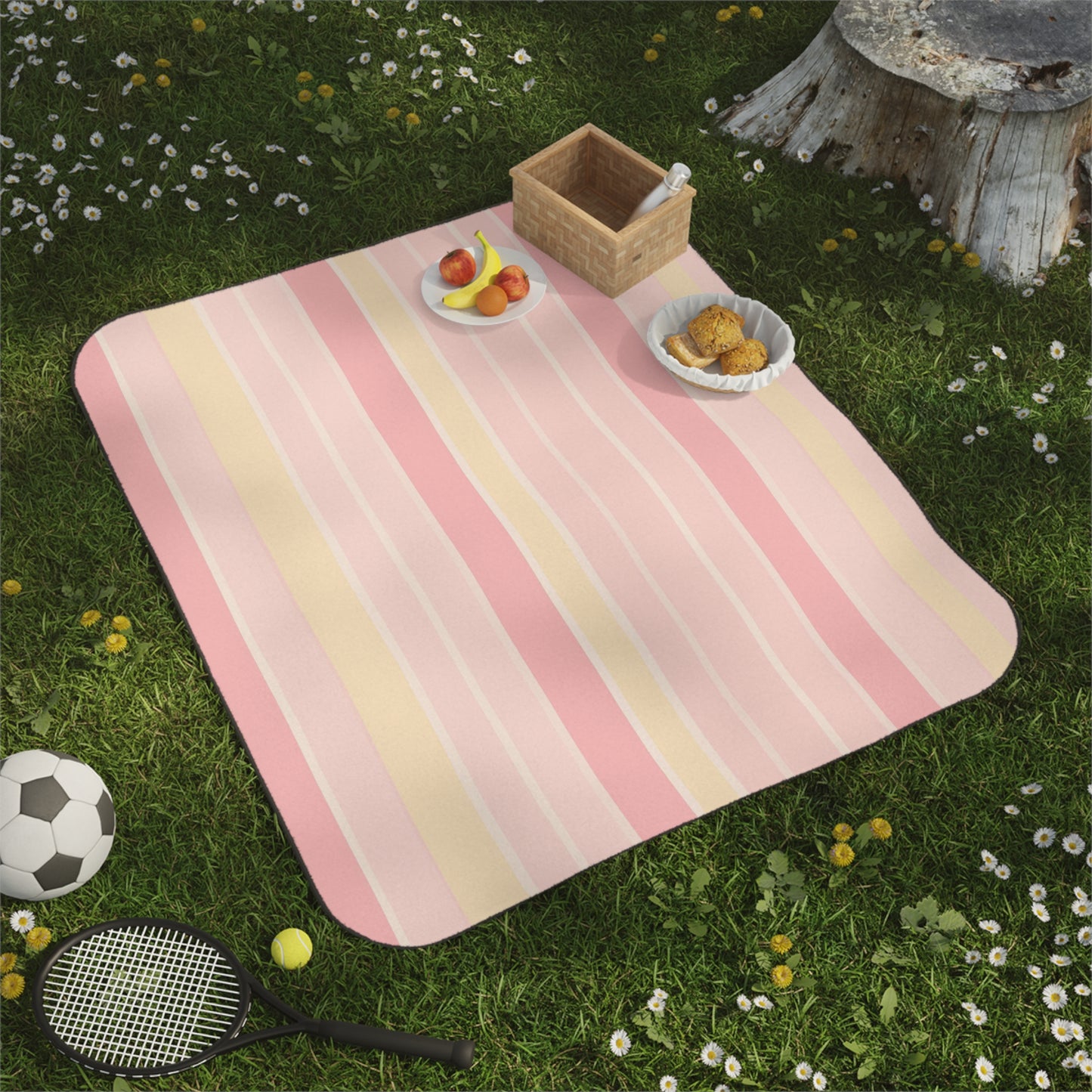 Vampire Art Retro Cottagecore Shabby Chic Striped Pale Pink and Yellow Pattern Picnic Blanket