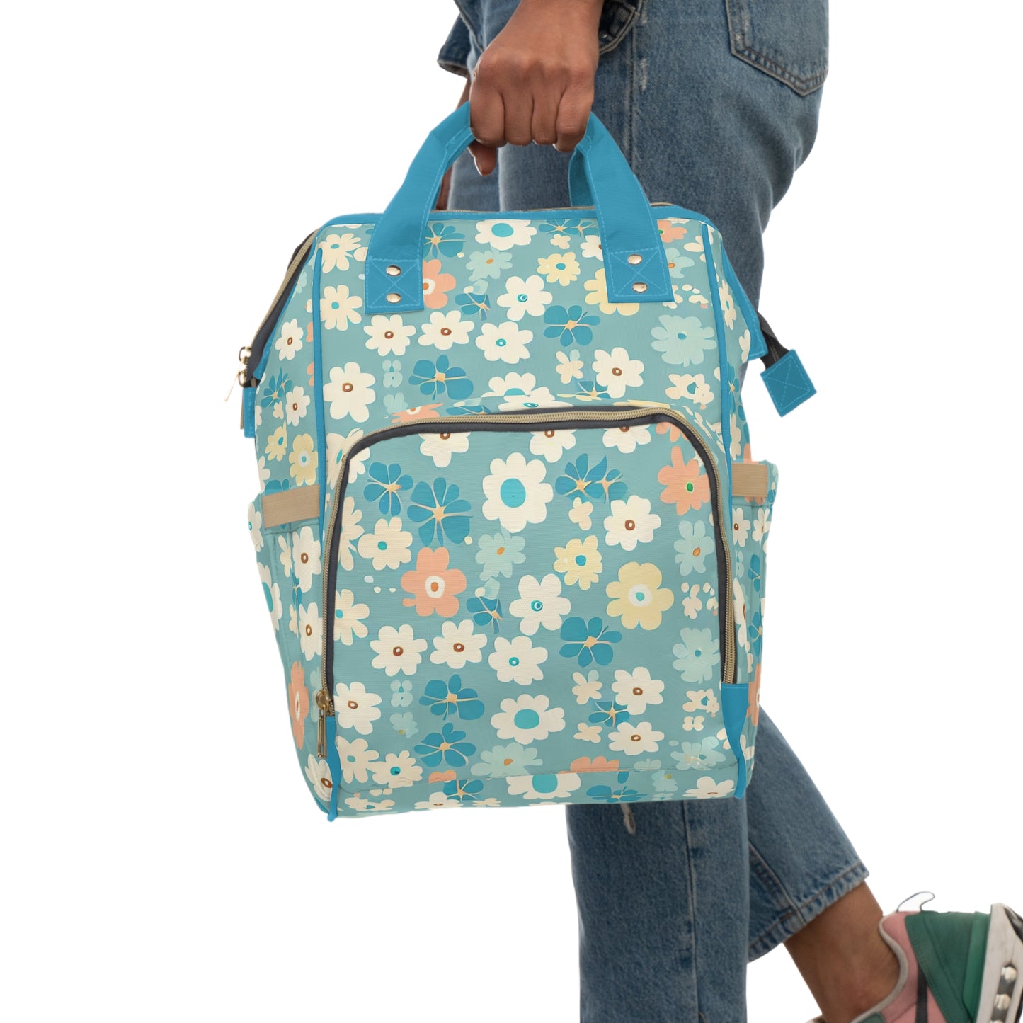 Vampire Art Multifunctional Baby Diaper Backpack Changing Bag - Seventies Flowers Blue