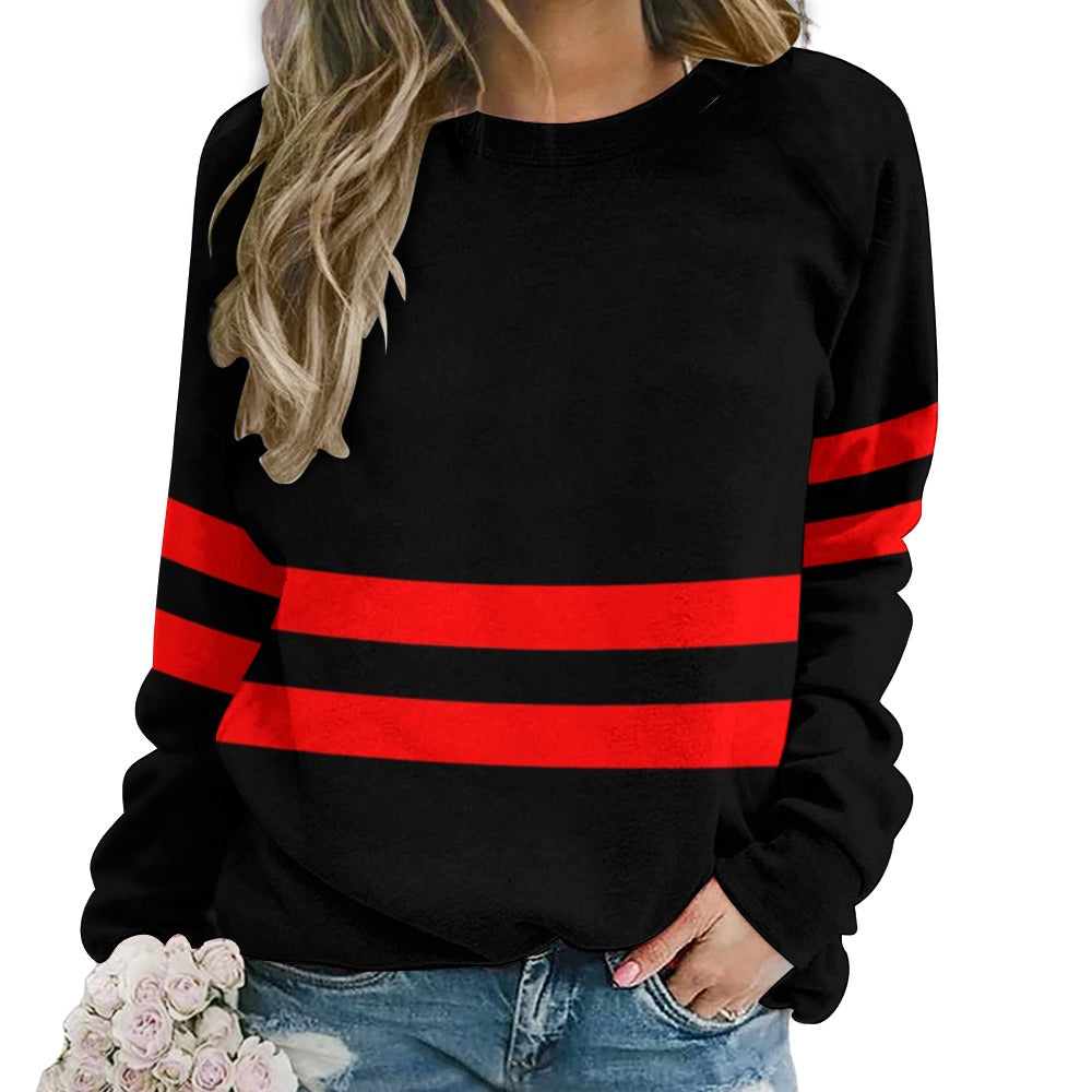 Vampire Art Retro Sixties Black with Red Stripes Raglan Round Neck Sweater