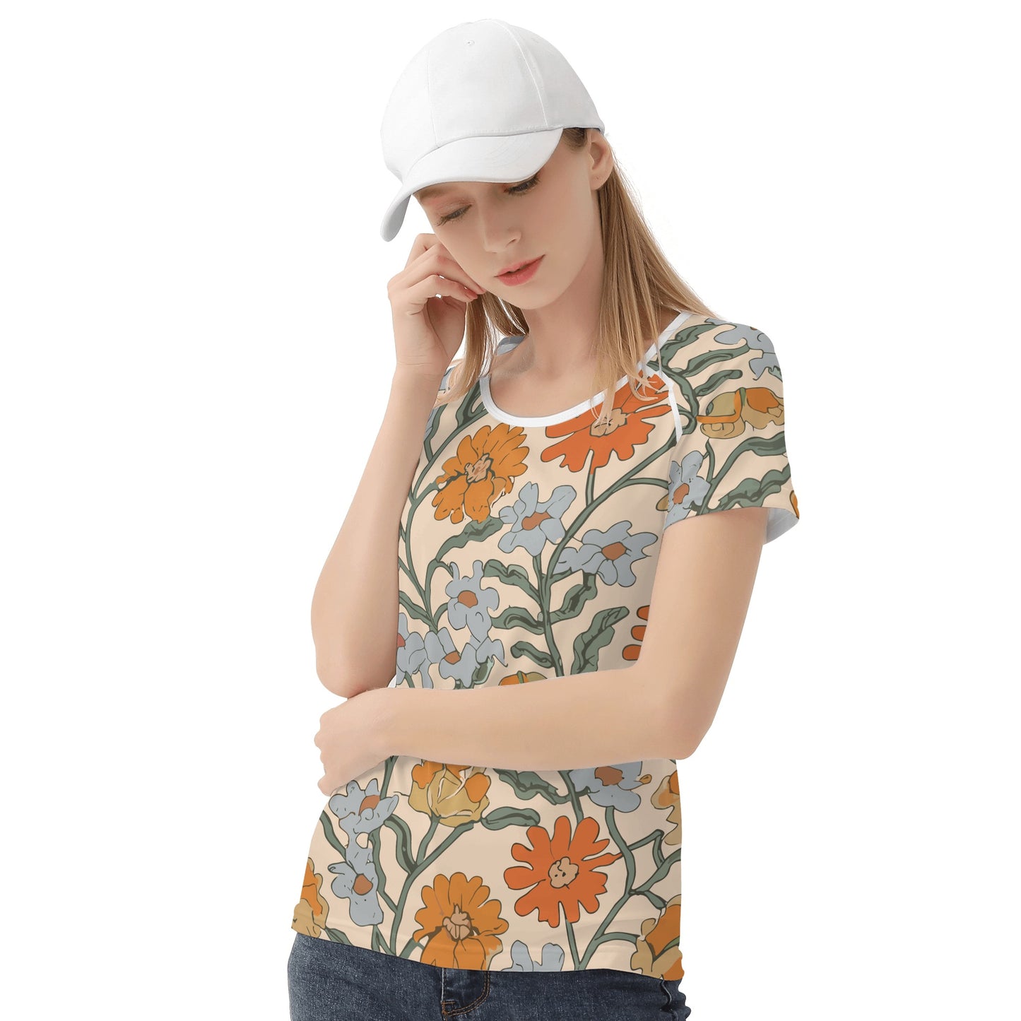 Vampire Art Retro Floral Womens T-shirt - Pale Salmon