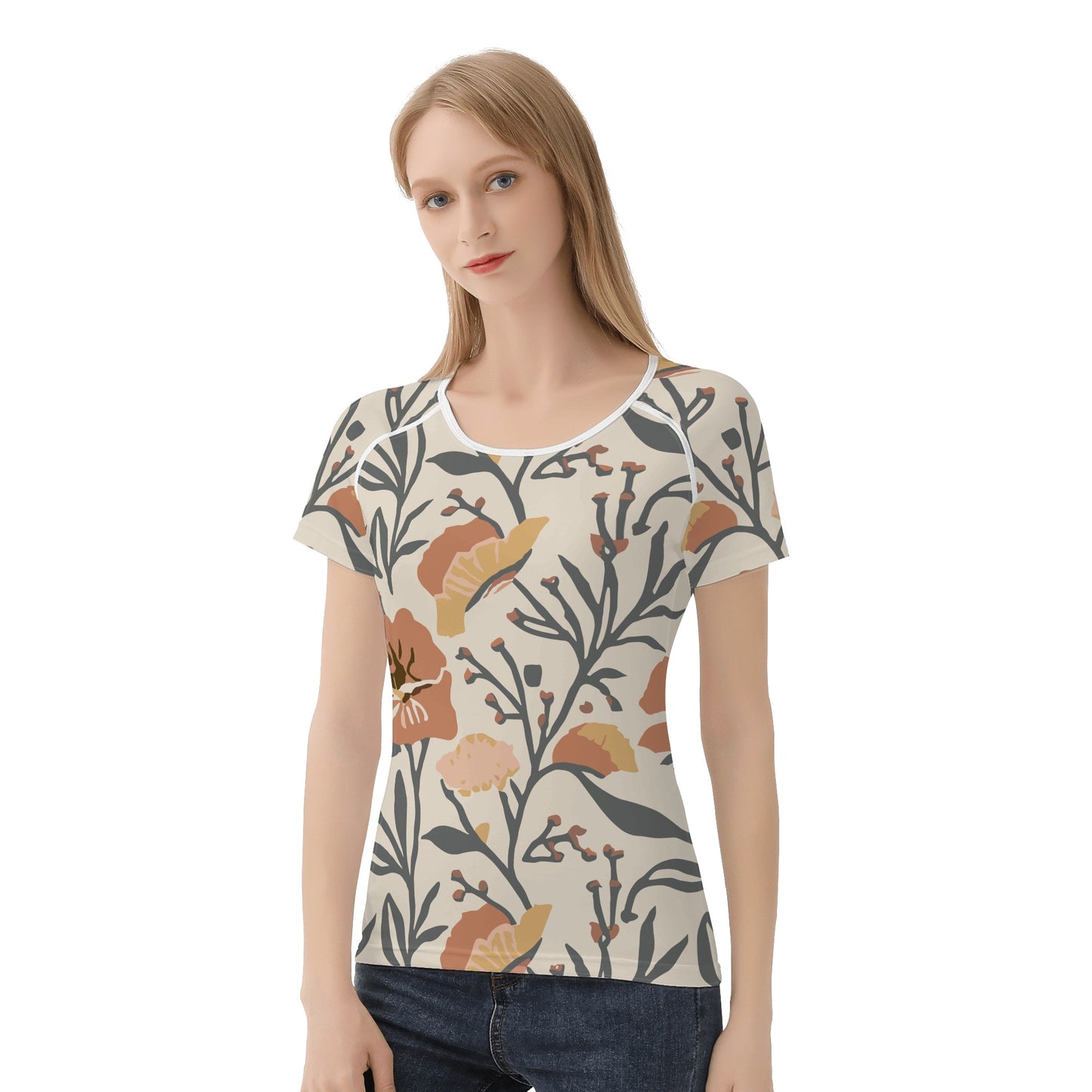 Vampire Art Retro Floral Womens T-shirt - Light Beige