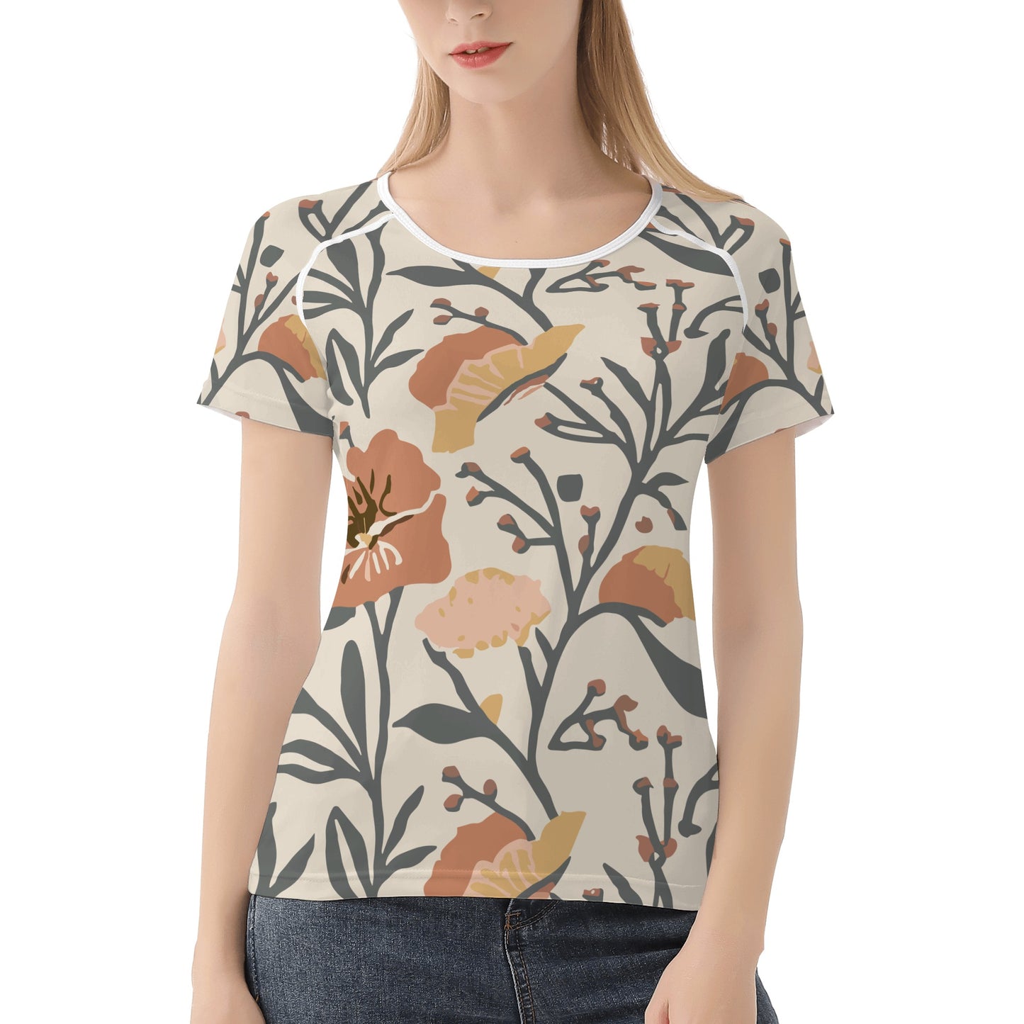 Vampire Art Retro Floral Womens T-shirt - Light Beige