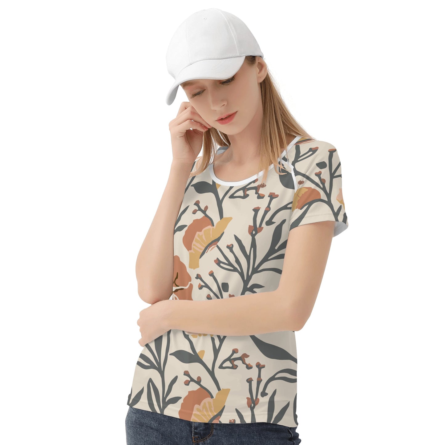 Vampire Art Retro Floral Womens T-shirt - Light Beige