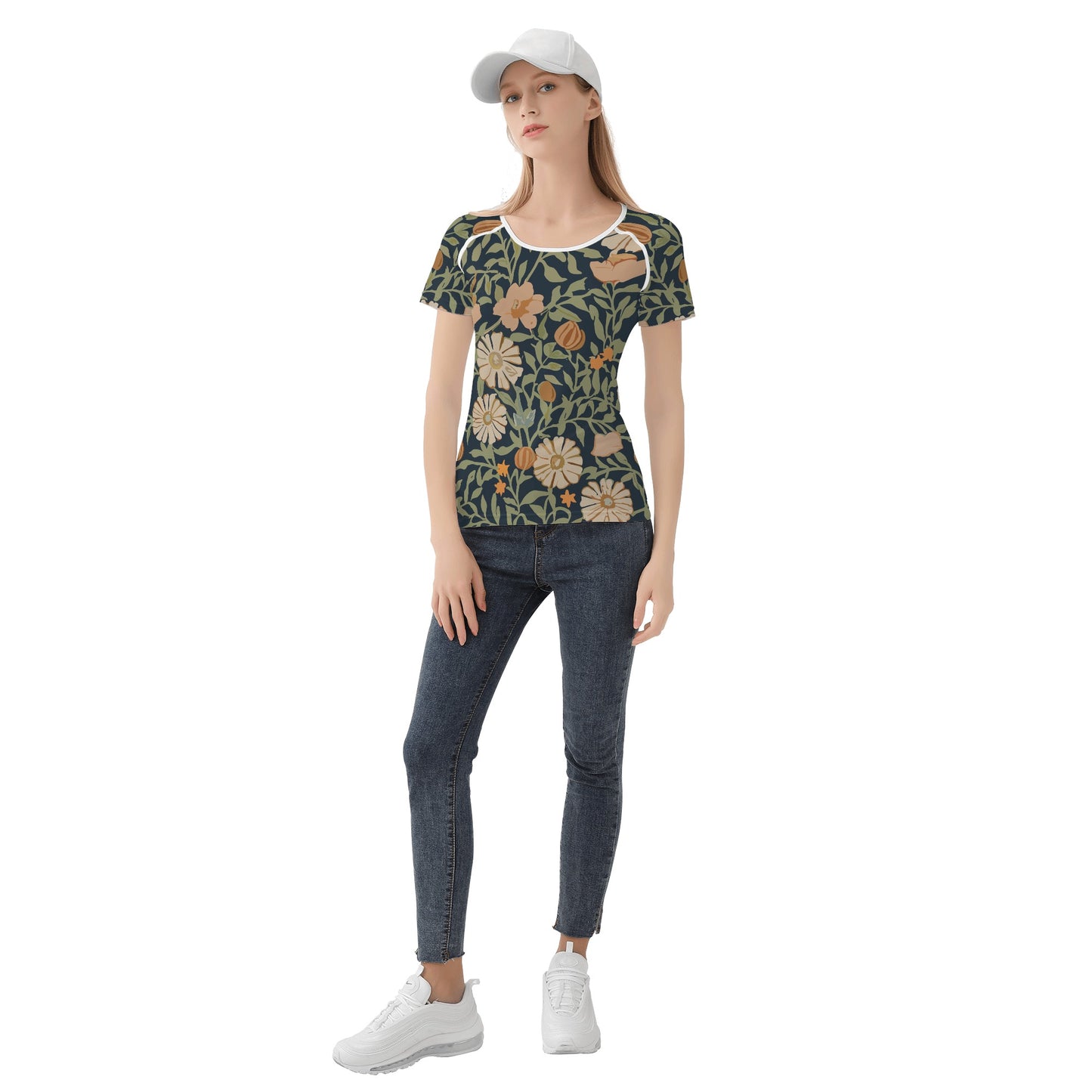 Vampire Art Retro Floral Womens T-shirt - Navy