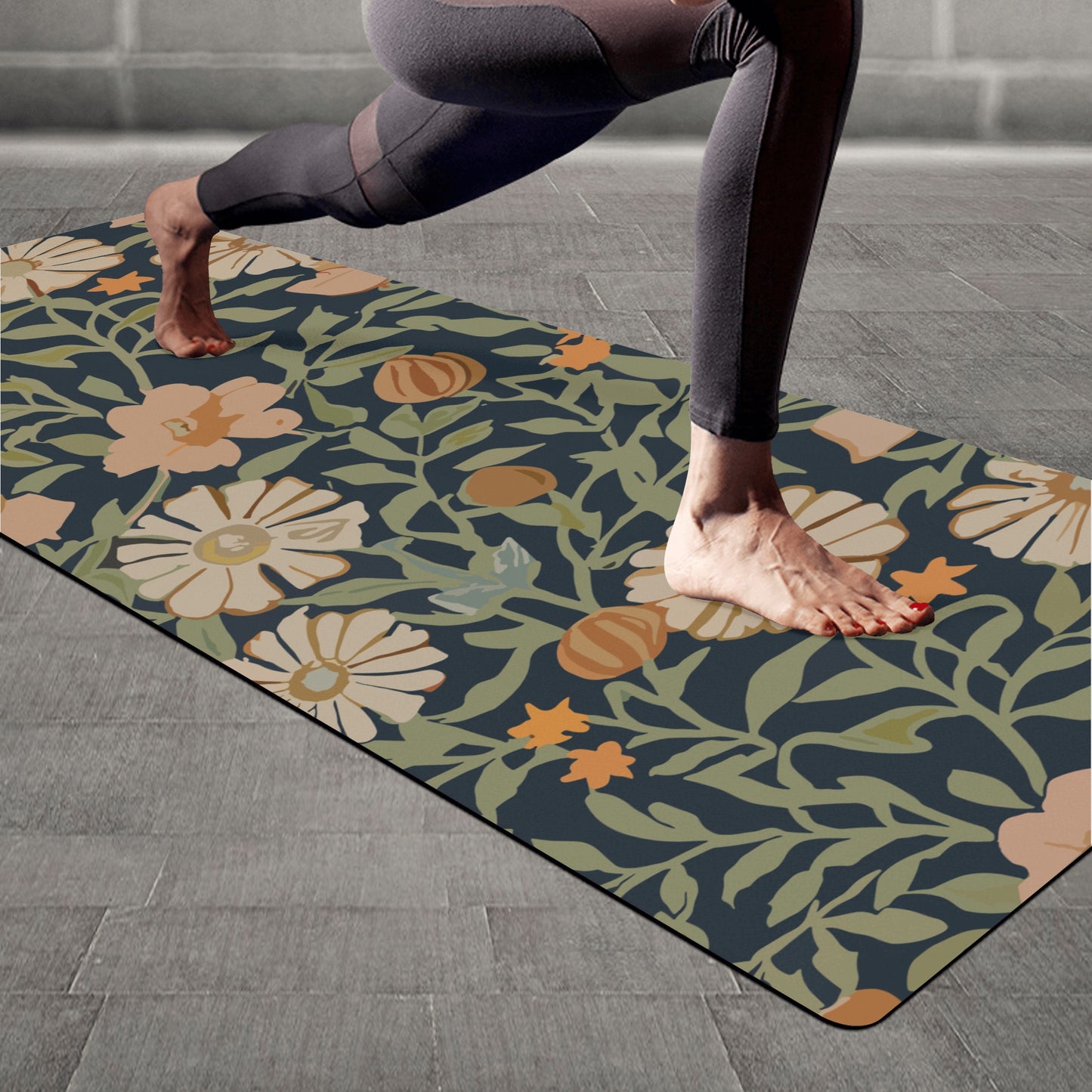 Vampire Art Retro Art Nouveau Flowers 4mm Rubber Yoga Mat in Floral Navy