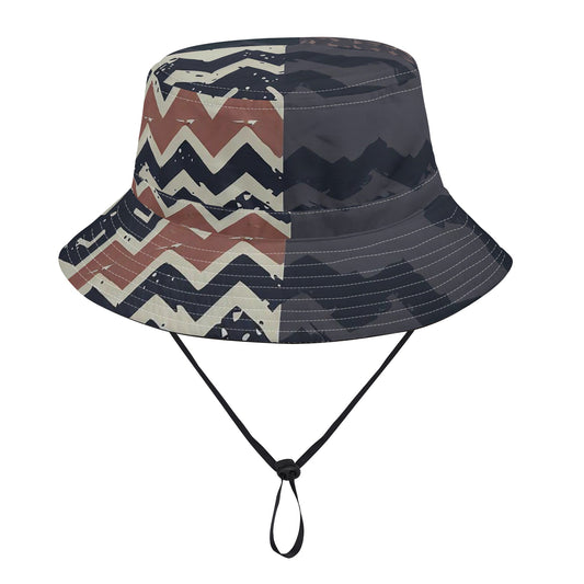 Vampire Art Grunge Unisex Bucket Fisherman's Hat - Charcoal and Beige Herringbone Patchwork with Adjustable String