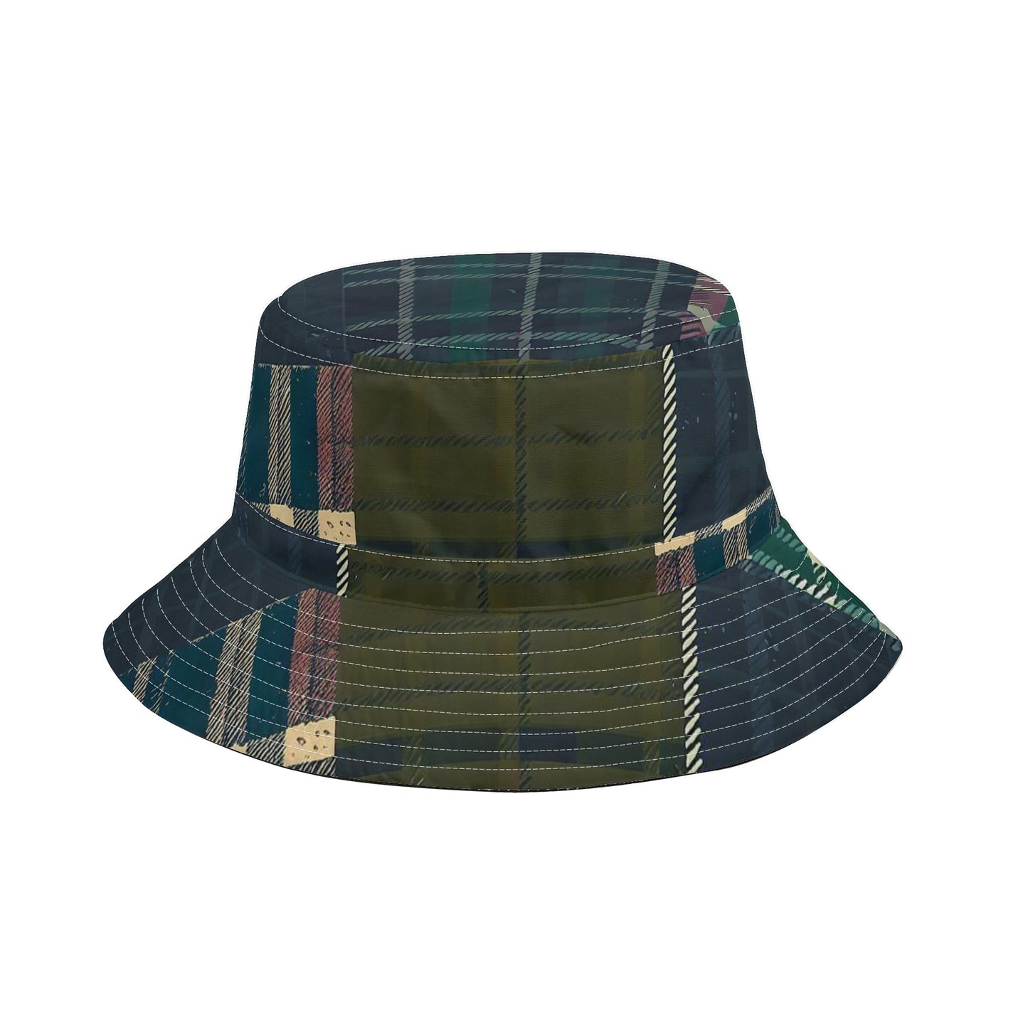 Vampire Art Grunge Unisex Bucket Fisherman's Hat - Green and Beige Tartan Patchwork with Adjustable String