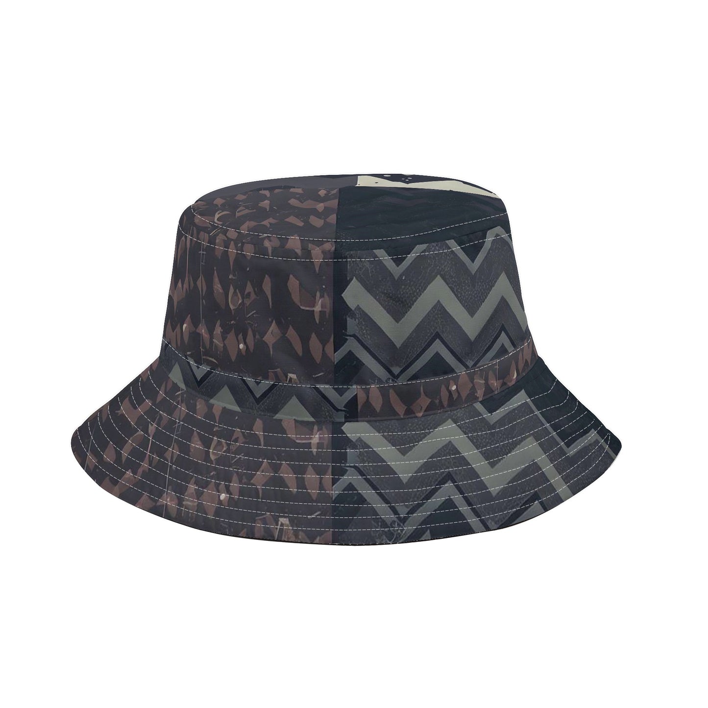 Vampire Art Grunge Unisex Bucket Fisherman's Hat - Charcoal and Beige Herringbone Patchwork with Adjustable String