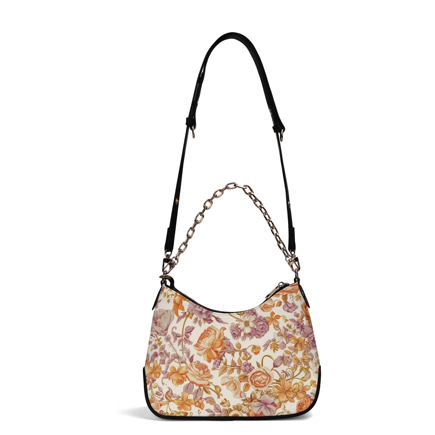 Vampire Art Retro PU Cross-body Bag With Chain Decoration - Florals in Orange and Lilac