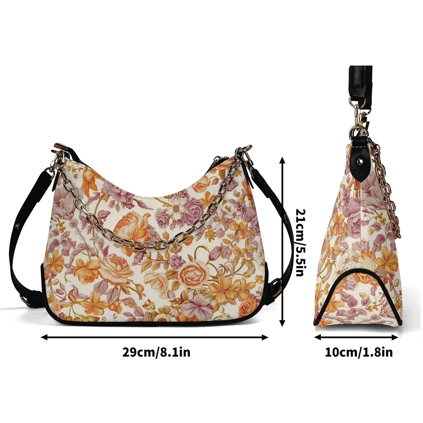 Vampire Art Retro PU Cross-body Bag With Chain Decoration - Florals in Orange and Lilac