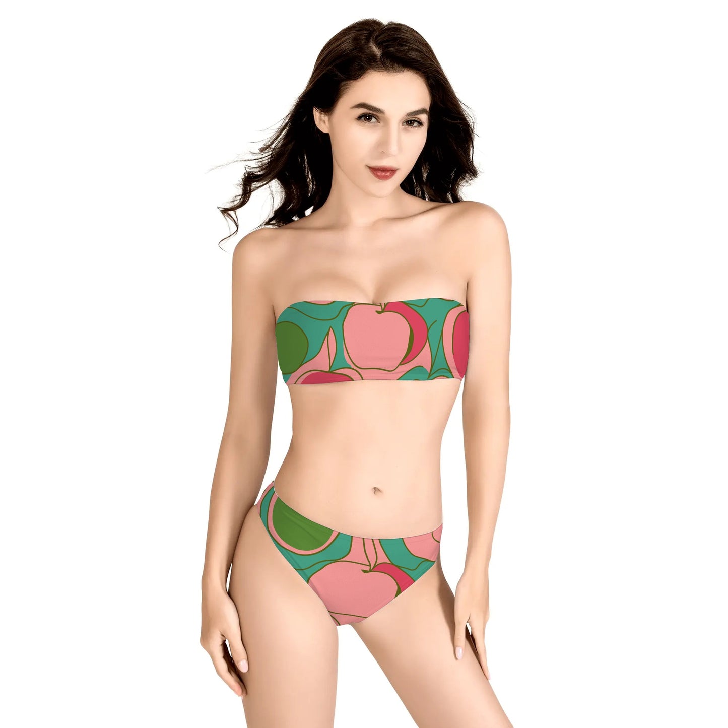 Womens Two Piece Bandeau Strapless Retro Bikinis Swimsuit - Sixties Apples