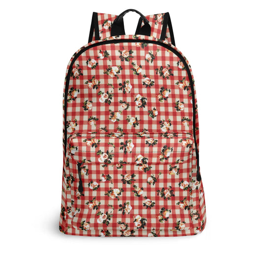 Vampire Art Retro Chic Vegan Leather 17 inch Back to School Twill Backpack - Red Floral Gingham