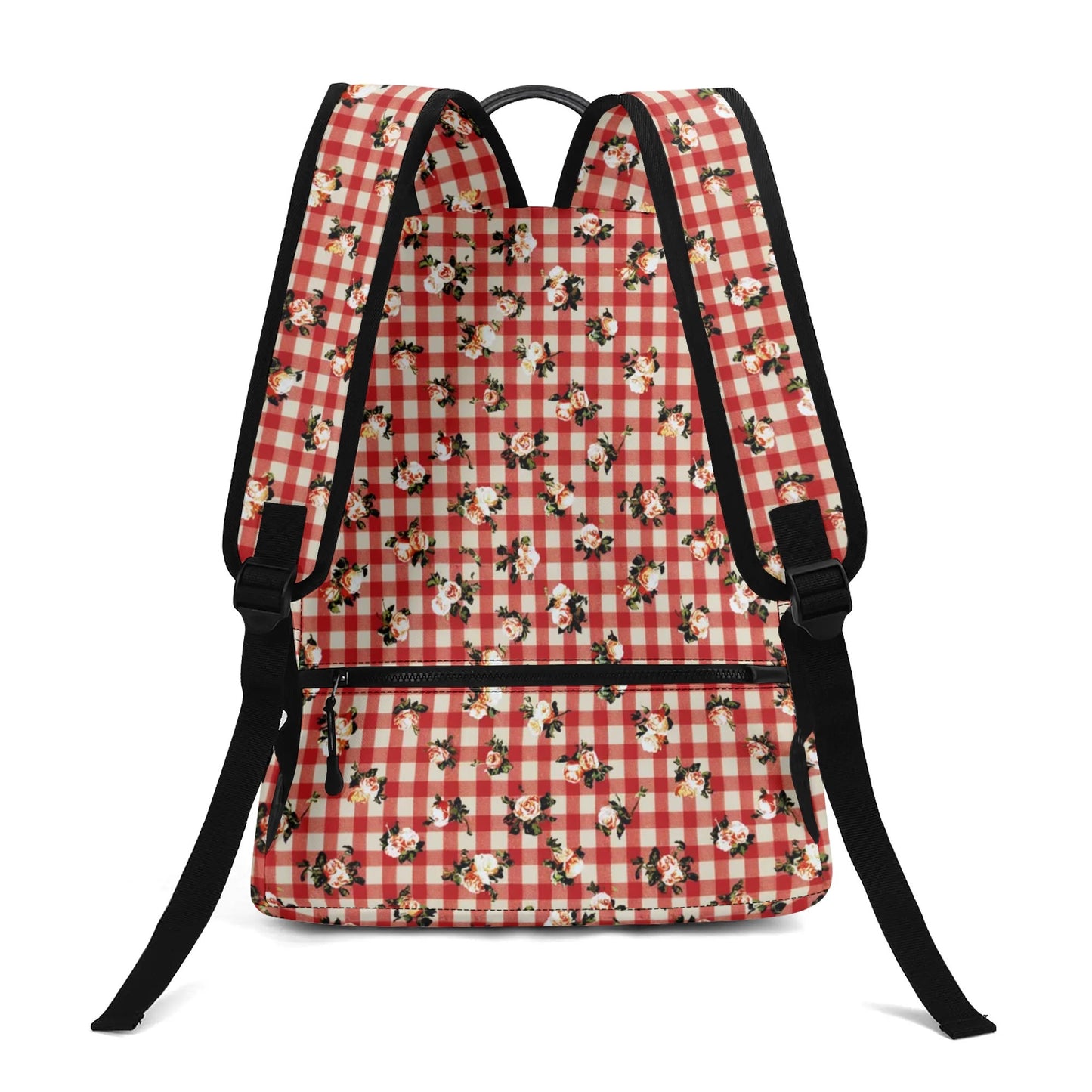 Vampire Art Retro Chic Vegan Leather 17 inch Back to School Twill Backpack - Red Floral Gingham