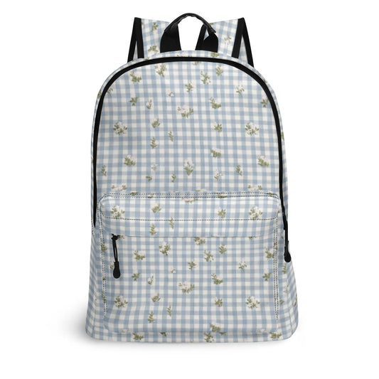 Vampire Art Retro Chic Vegan Leather 17 inch Back to School Twill Backpack - Cottagecore Pale Blue Floral Gingham