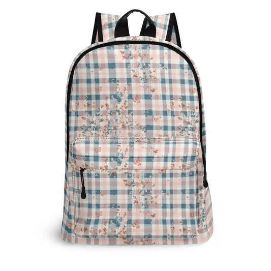 Vampire Art Retro Chic Vegan Leather 17 inch Back to School Twill Backpack - Blue and Pink Floral Gingham