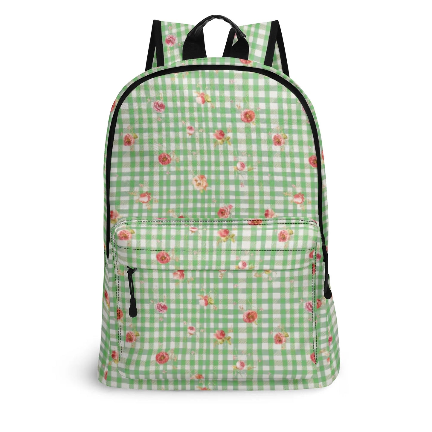 Vampire Art Retro Chic Vegan Leather 17 inch Back to School Twill Backpack - Green Floral Gingham