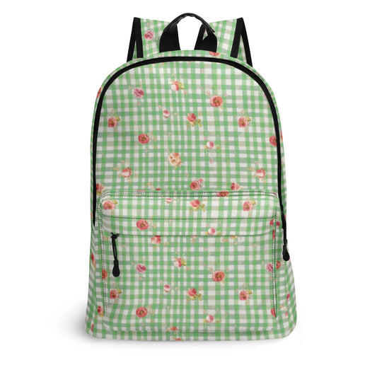 Vampire Art Retro Chic Vegan Leather 17 inch Back to School Twill Backpack - Green Floral Gingham